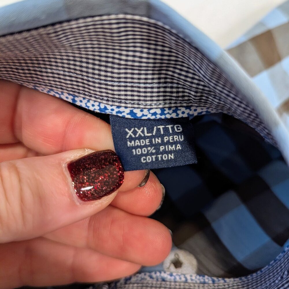 TOMMY BAHAMA Pima Cotton Shirt XXL Blue Brown Checkered Print Button Up Shirt - Picture 7 of 10